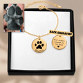 "Custom gold bracelet with actual dog paw print and name engraving"