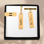 Custom name bar keychain displayed in sleek box with personalized name and back engraving option.