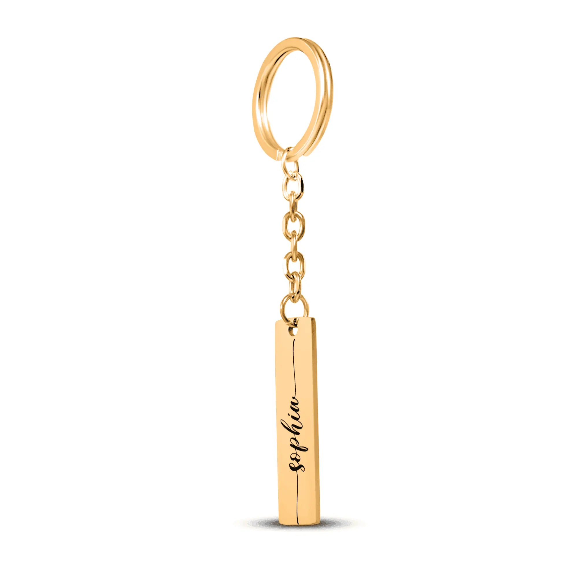 Custom name bar keychain in gold with the name 'Sophie' engraved on the pendant.