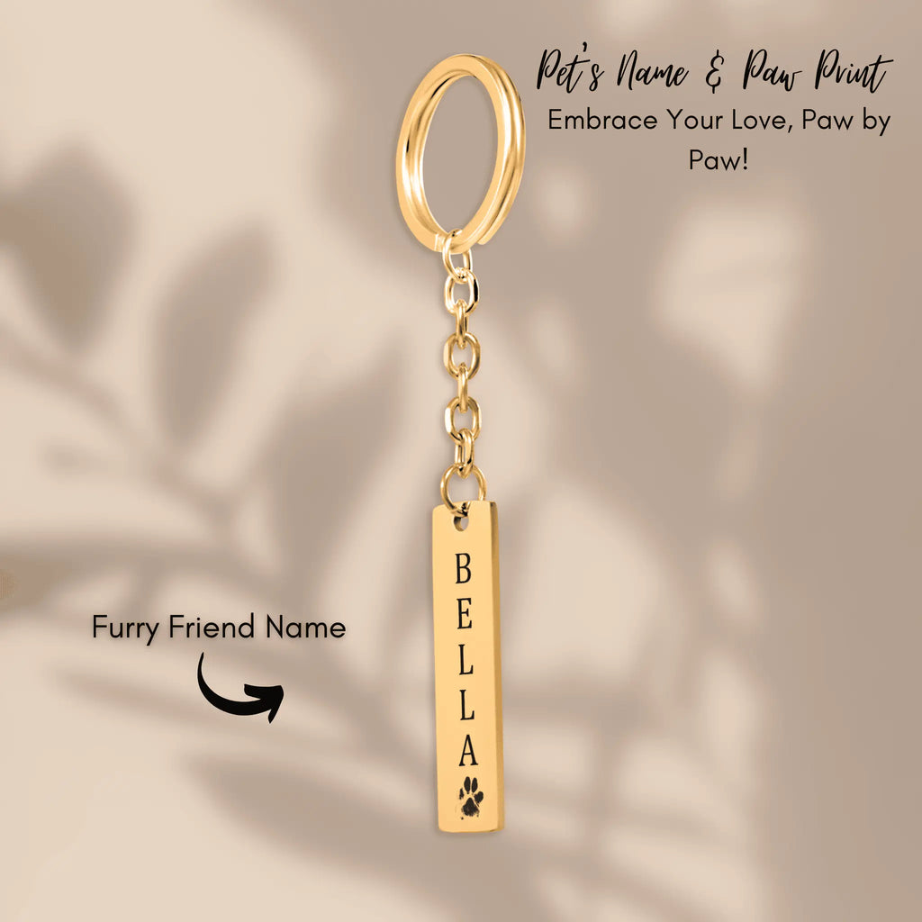 Pet's Name & Paw Print Vertical Bar Keychain