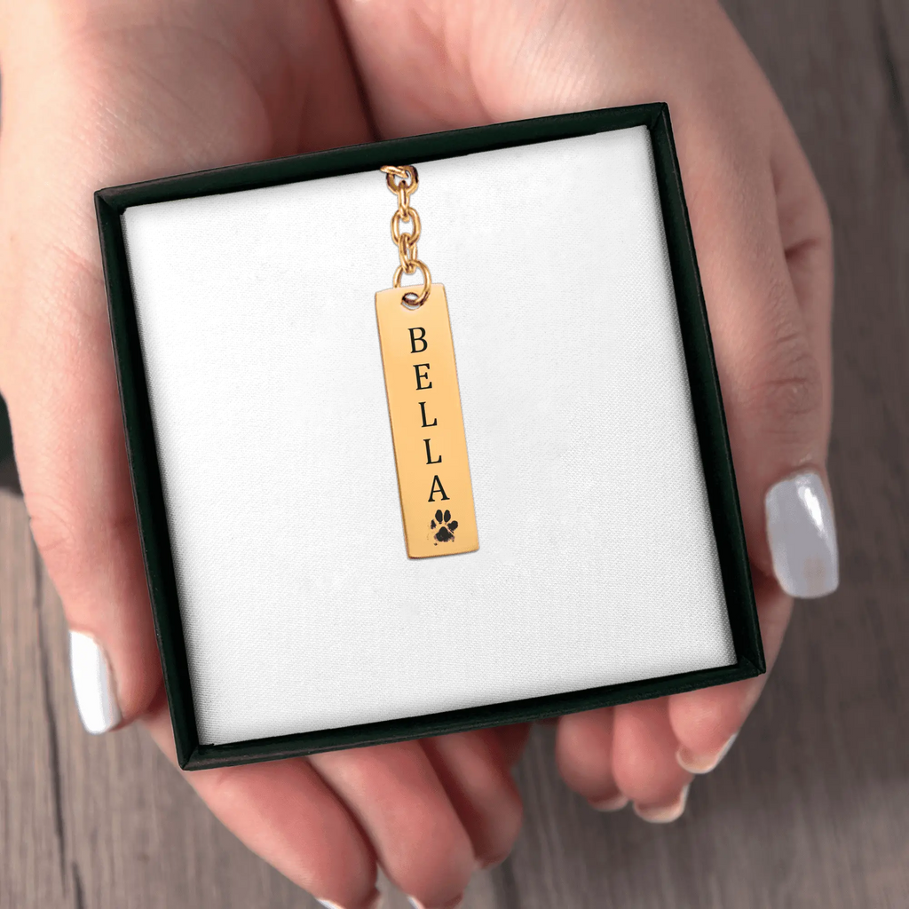 Pet's Name & Paw Print Vertical Bar Keychain